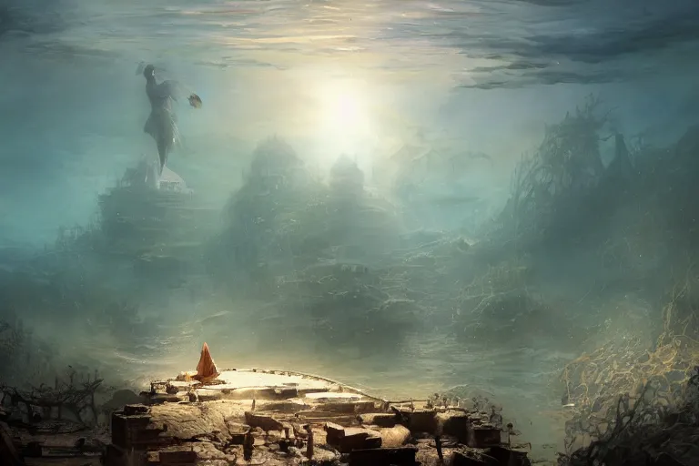 Prompt: a beautiful painting of the sunken city of Atlantic city under water, ray of sunlight, mermaid in distance, Greg Rutkowski, Moebius, Mohrbacher