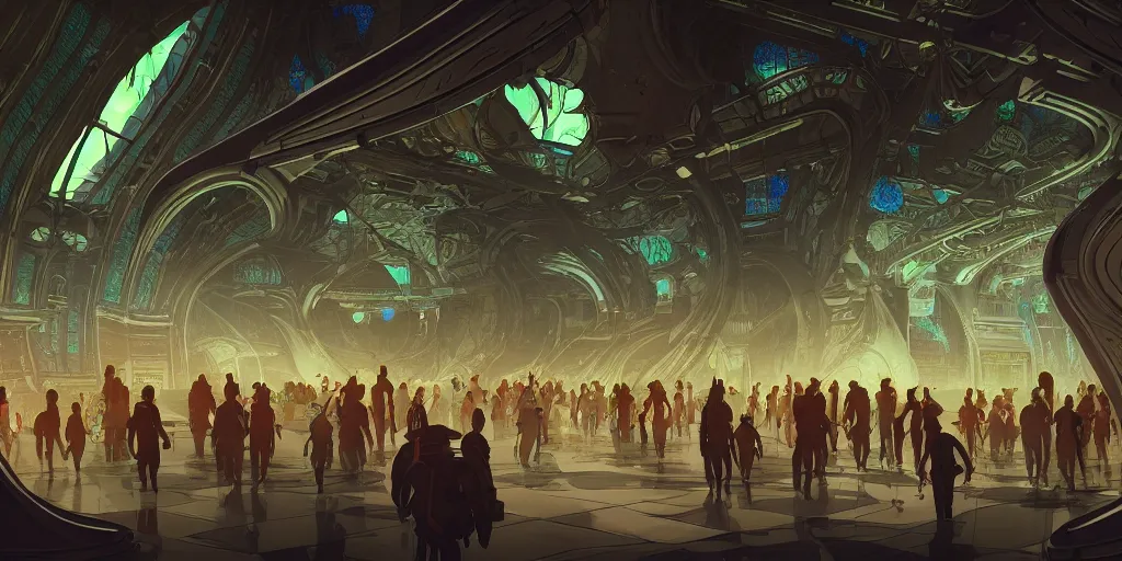 Image similar to cel shaded cinematic shot of the interior of a sci-fi space station with ornate Elven architecture bustling with people, epic castle, emerald, crystalline, detailed illustration, sharp focus, concept art