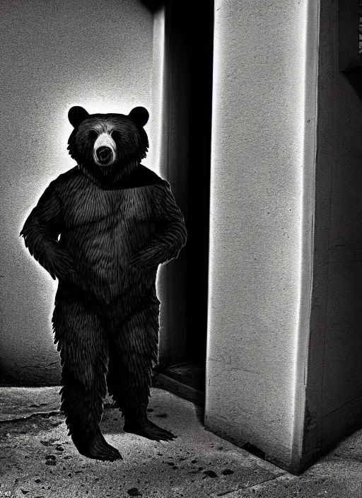 Image similar to bear man waiting in a dark alley, 8k resolution, high detail, reflections, post processing