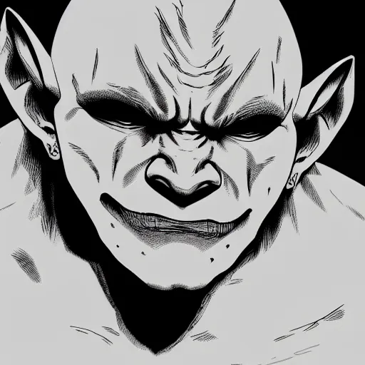 Prompt: orc albino in the style of kentaro miura, 4 k, 8 k, absolute detail of even the smallest details and particles, beautiful shadows, beautiful art, black and white drawing