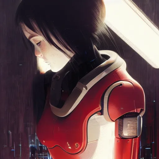 Image similar to A cyborg girl with big and cute eyes, fine-face, realistic shaded perfect face, fine details. red, black and white robotic parts. realistic shaded lighting poster by Ilya Kuvshinov katsuhiro otomo ghost-in-the-shell, magali villeneuve, artgerm, Jeremy Lipkin and Michael Garmash, Rob Rey and Kentarõ Miura style, trending on art station