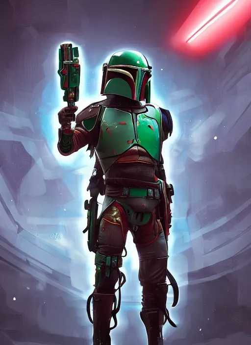 Prompt: cyberpunk x boba fett, digital art, character mashup, epic lighting, combination art