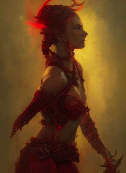 Image similar to diablo 4 lilith, red tones, beautiful face, rule of thirds, intricate outfit, spotlight, by greg rutkowski, by jeremy mann, digital painting