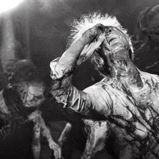 Image similar to donald trump as zombie in the walking dead. movie still. cinematic lighting