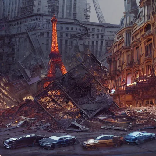 Image similar to A beautiful intricate 8K award-winning ground-level cinematic movie photograph of the future rusting rubble of the fallen and decimated Eiffel Tower, lying in pieces on the ground, surrounded by neon and collapsing corporate video billboard displays. in the year 2050, by Bruno Delbonnel and greg rutkowski. octane render, Arri Alexa 65. Cinematic lighting