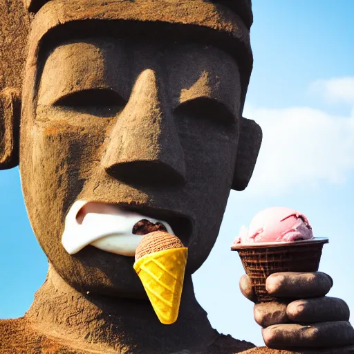 Image similar to a very upset and crying kid holding an ice cream cone but the ice cream is replaced with a small moai statue, 4 k photograph