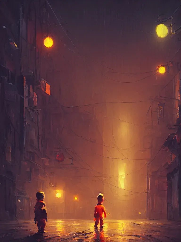 Prompt: a single little boy, two oranges and a white rabbit in a dark alley city with neonlights by night a painting from stalenhag, 4 k, 8 k, hdr, artstation, concept art