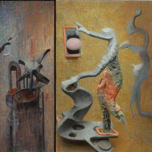 Image similar to a detailed, impasto painting by shaun tan and louise bourgeois of an abstract forgotten sculpture by ivan seal and the caretaker, weirdcore folk