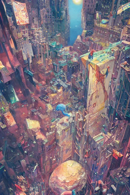 Prompt: dreamlike people in a busy city people surrounded by 3d graffiti paint dripping down to the floor, professional illustration by moebius, hiroshi yoshida, painterly, yoshitaka Amano, artgerm, loish, painterly, and james jean, illustration, moon lighting, masterpiece