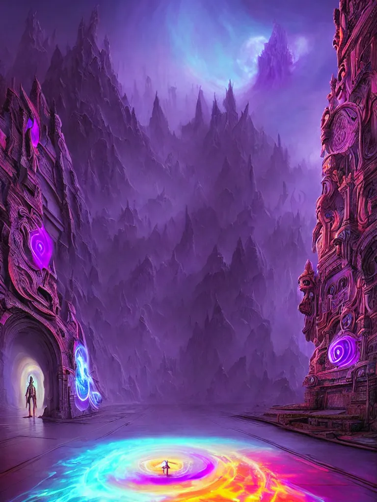 Image similar to entrance to ethereal realm, shiva waiting, rendered in unreal engine, central composition, symmetrical composition, dreamy colorful cyberpunk colors, 6 point perspective, fantasy landscape with anthropomorphic!!! terrain!!! in the styles of igor morski, jim warren, and rob gonsalves, intricate, hyperrealistic, volumetric lighting, neon ambiance, distinct horizon