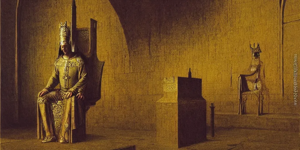 Prompt: a medieval king sitting on a golden throne in a palace, beksinski painting