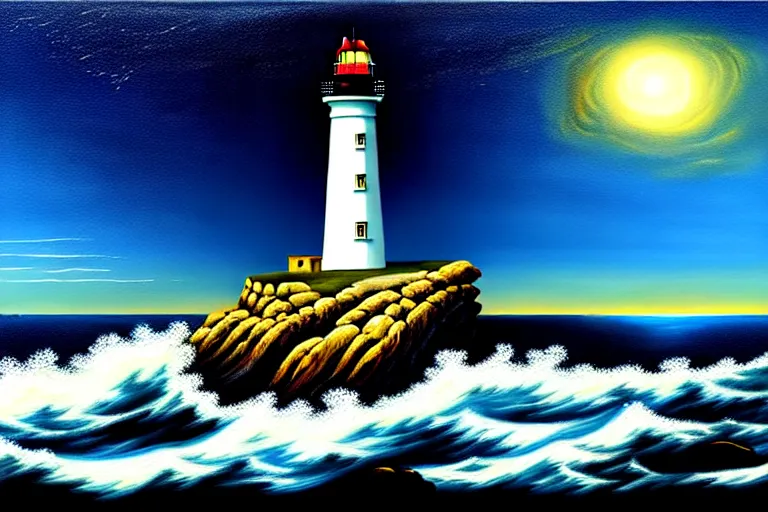 Prompt: a painting of a lighthouse built on seashore rocky cliff with waves crashing into the rocks and sea birds flying on a starry night, in the style of benoit b. mandelbrot, digital art