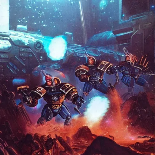 Image similar to Astartes are fighting against space orcs, huge armies, epic battle, a bunch of explosions, bullet tracers, Astartes are very well detailed, orcs are very well detailed, Photo style retro futurism art