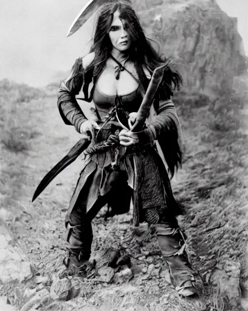 Image similar to female half orc with brown hair, melee weapons, dnd, leather clothing, photo by gertrude kasebier