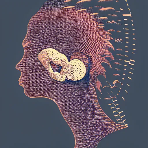 Image similar to stipple shaded illustration of a bird flying into a human ear, by ilya kuvshinov, anatomy book, retro flat colors, retrofuturism