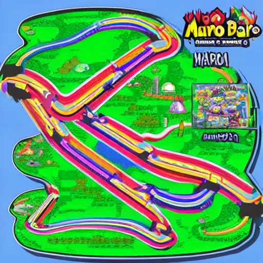 Prompt: top down view of Nintendo Mario kart double dash custom racetrack map. Wario Casino greedy capitalist video game track.