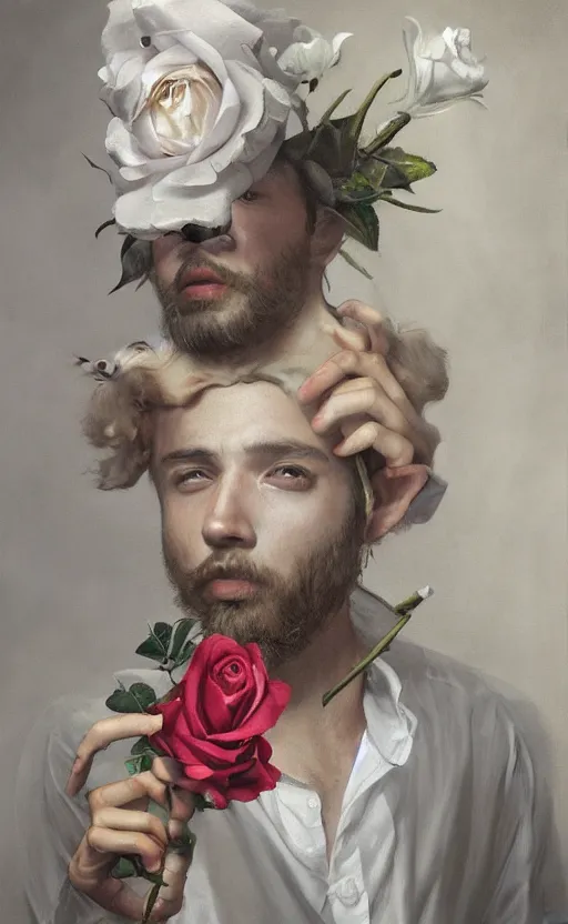 Image similar to a painting of a young bearded man holding a white rose and a stick, jester hat, small dog, a surrealist painting by marco mazzoni, cgsociety, neo - figurative, detailed painting, rococo, oil on canvas, seapunk, lovecraftian