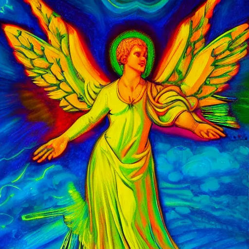 Prompt: renaissance angel, bringing the miracle from the light above, oil painting, bright colors, neon acid green outline