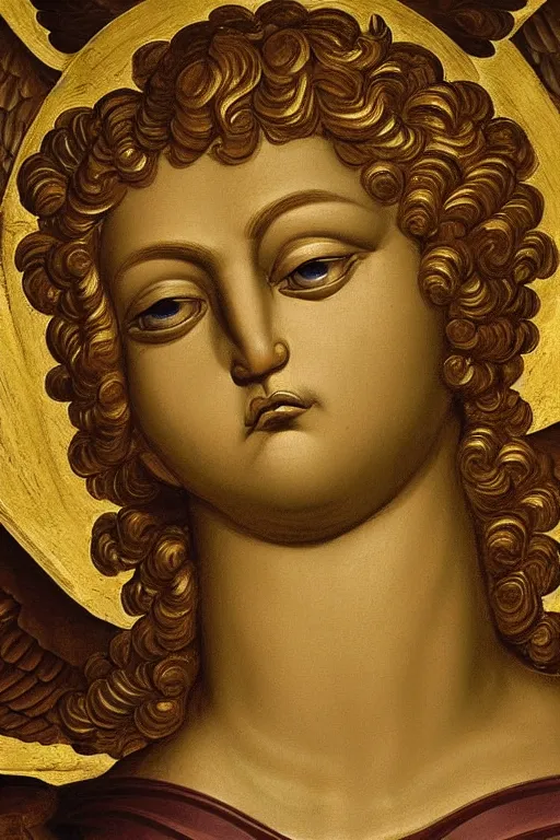 Image similar to archangel Michael, crying face, closeup, ultra detailed, made in gold, Guido Reni style