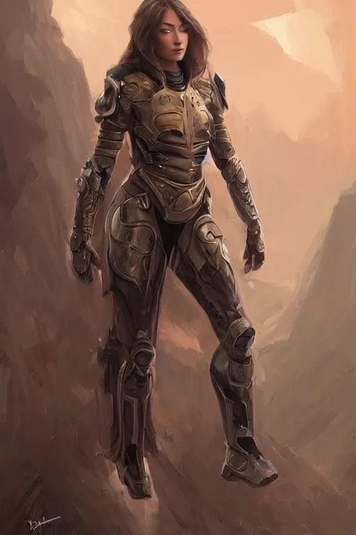 Image similar to a professional painting of a young Olivia Wilde, clothes in military armor, olive skin, long dark hair, beautiful bone structure, symmetrical facial features, intricate, elegant, digital painting, concept art, smooth, sharp focus, illustration, from StarCraft by Ruan Jia and Mandy Jurgens and Artgerm and William-Adolphe Bouguerea