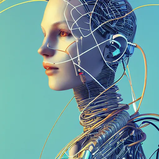 Image similar to a beautiful body of a pilot woman partially made of wires and electronic circuits, an ultrafine detailed illustration by james jean, final fantasy, intricate linework, bright colors, behance contest winner, vanitas, angular, altermodern, unreal engine 5 highly rendered, global illumination, radiant light, detailed and intricate environment