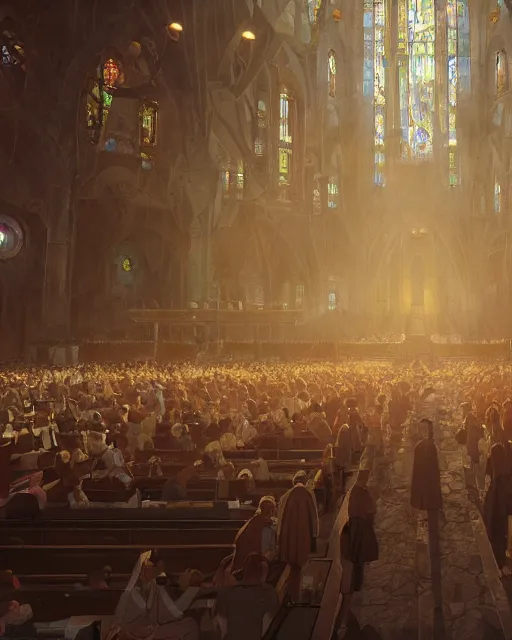 Prompt: craig mullins and ghibli digital illustration of a crowd in a futuristic church, strong contrast, priest, pews, ethereal, inviting, bright, raking light from stained glass windows, unreal engine, hyper realism, realistic shading, cinematic composition, realistic render, octane render, detailed textures, photorealistic, wide shot