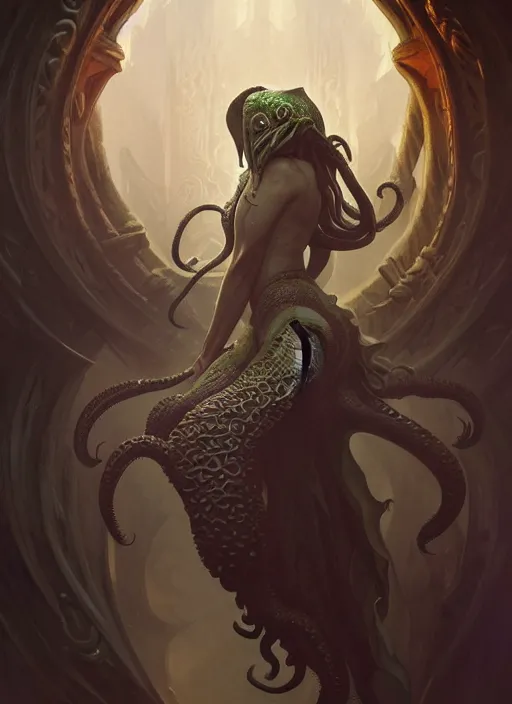 Prompt: cthulhu, deep focus, d & d, fantasy, intricate, elegant, highly detailed, digital painting, artstation, concept art, matte, sharp focus, illustration, hearthstone, art by artgerm and greg rutkowski and alphonse mucha