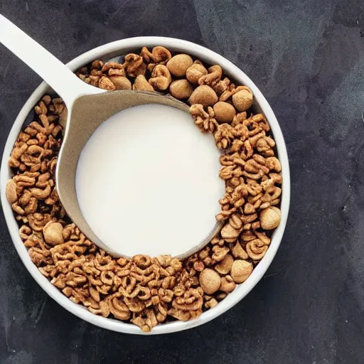 Image similar to giant bowl of cereal and milk, with stones and rocks in the milk.