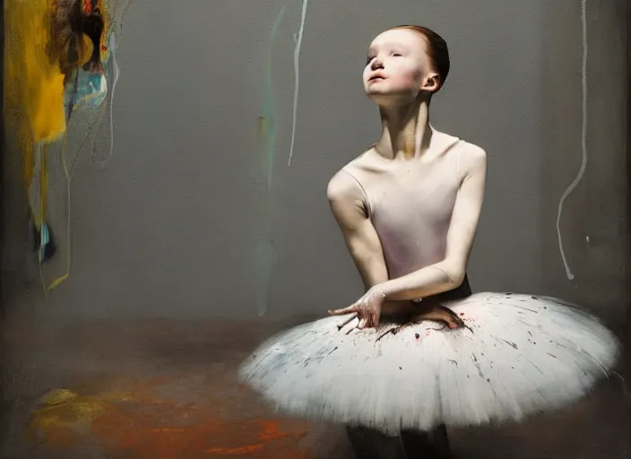 Image similar to portrait of nervous young girl ballerina sitting on the floor focusing in a dance hall by alberto seveso and hernan bas and francis bacon and pat steir and hilma af klint, psychological, photorealistic, symmetrical face, dripping paint, washy brush, matte painting, rendered in octane, altermodern, masterpiece