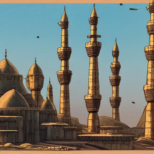 Prompt: ottoman sultanate, martian space base, minarets, studio ghibli, retrofuturism