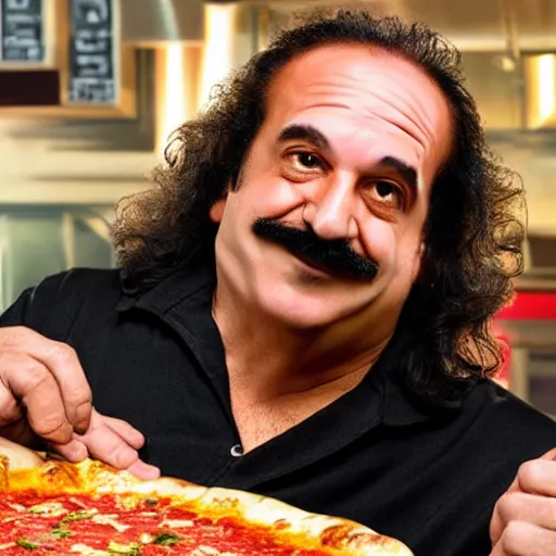 Prompt: ron jeremy in the logo of a pizza parlour