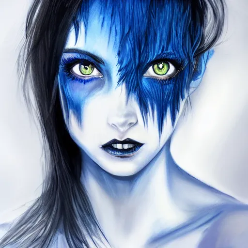 Image similar to photorealistic portrait of beautiful monster girl, black hair, blue eyes, glowing skin, detailed face, sharp focus