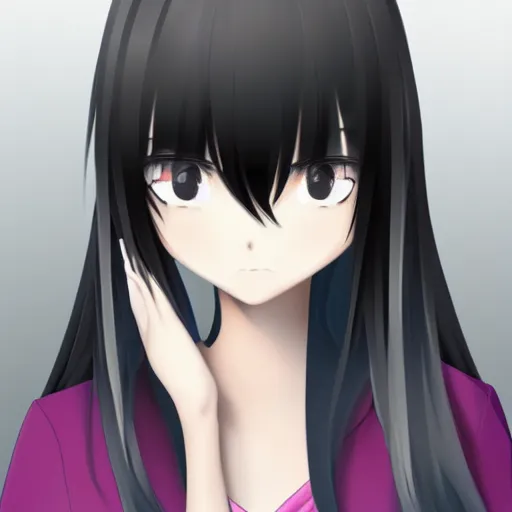 Image similar to girl with black hair, long bangs covering both of her eyes, anime style