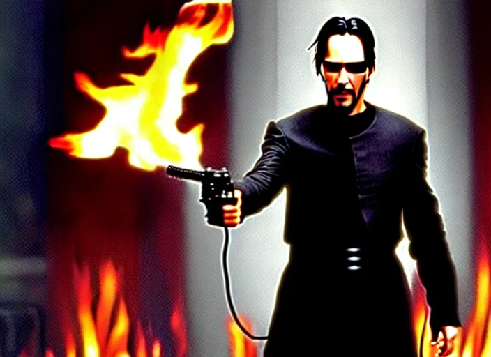 Prompt: A photo of Keanu Reeves as Neo in The Matrix movie doing a thumb up to the camera in front on burning servers, servers in flames in the background, doing a thumb up, The Matrix servers on fire, uncropped, full body, crispy, symmetrical face, ultra detailed, cinematic