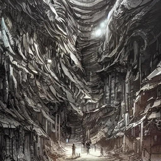 Prompt: stunning concept art for an underground city by kim Jung gi, hyper-detailed, professional illustration