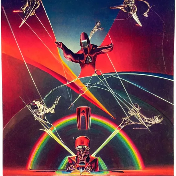 Prompt: time generals wearing chrome masks and red rick owens flight suits with their hands behind their backs inside the glowing geometric rainbow portal to the sixth dimension by frank frazetta