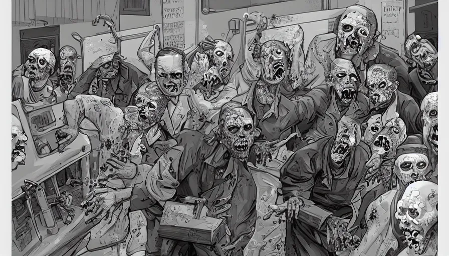 Image similar to zombies working in a morgue. trending on artstation