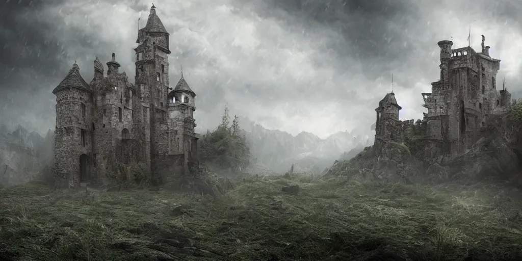 Image similar to matte painting, castle, dramatic landscape, overgrown, cinematic, overcast, lantern light