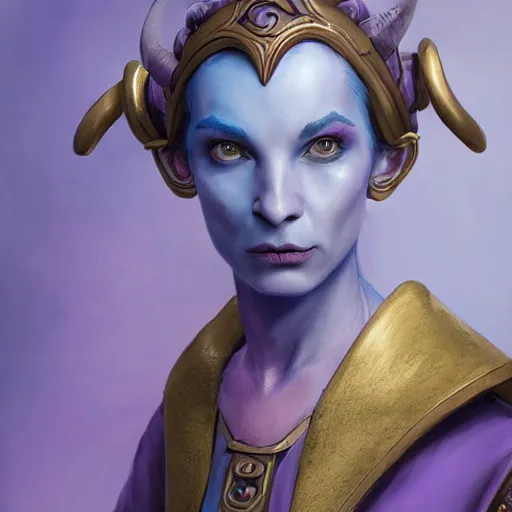 Image similar to A professional digital portrait painting of a female tiefling trickery domain cleric with blue skin dressed in light armor, 4k, digital art, trending on cgsociety, renaissance painting, highly detailed, head and shoulders shot, shallow depth of field, purple and yellow lighting, professional lighting, The Grand Budapest Hotel, airbrush, Hayao Miyazaki