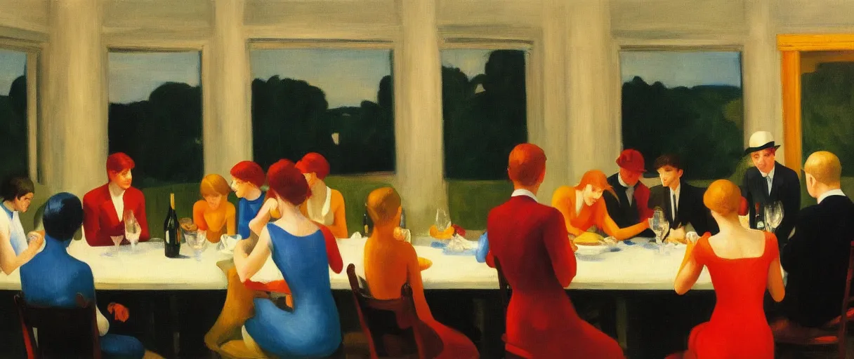 Image similar to an edward hopper painting of a young gen z group of friends having wine at a dinner party