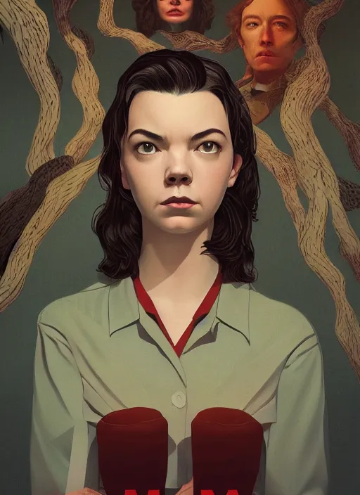 Image similar to Twin Peaks movie poster artwork by Michael Whelan and Tomer Hanuka, Rendering of Anya Taylor-Joy, the watcher, looking for a signal, from a scene from Twin Peaks, clean, full of detail, Matte painting, trending on artstation and unreal engine