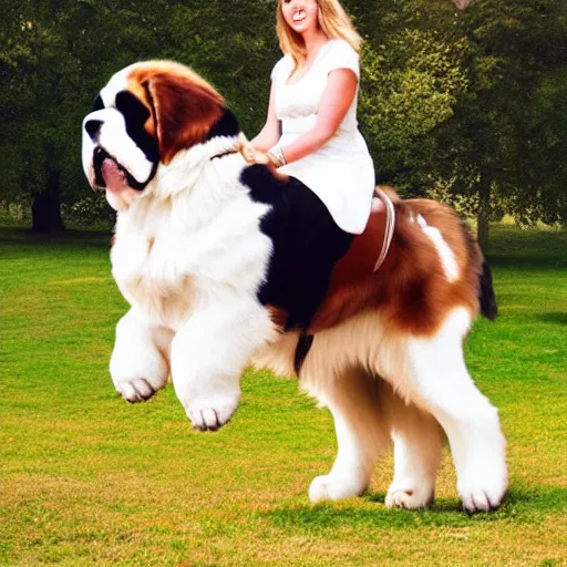 Image similar to girl riding giant saint Bernard in the park, trending on artstation