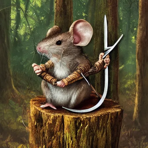 Image similar to Mouse Guard sits on a stump holding a sword, in deep forest, by rivuletpaper, rivuletpaper art, Mouse Guard by David Petersen, mouse photo, small details, realistic illustration, illustrations by Viktor Vasnetsov