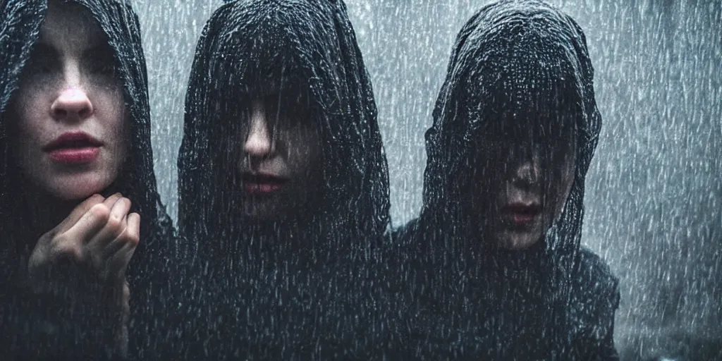 Image similar to cinestill 5 0 d candid photographic portrait by christopher nolan of two loving female androids sobbing wearing rugged black mesh techwear in treacherous waters, extreme closeup, modern cyberpunk moody emotional cinematic, pouring rain menacing lights shadows, 8 k, hd, high resolution, 3 5 mm, f / 3 2, ultra realistic faces, ex machina