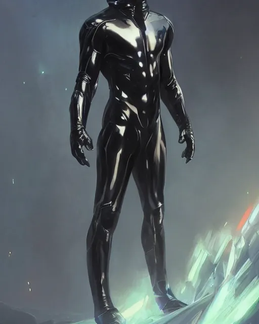 Image similar to iridescent wiry muscular male smooth sleek glossy black pearlescent scifi armor, by greg rutkowski and mark brookes and jim burns and tom bagshaw and magali villeneuve, trending on artstation