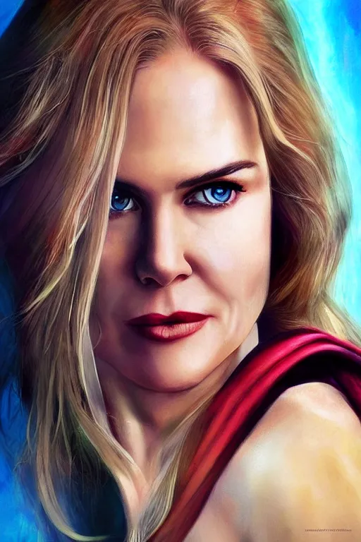 Image similar to portrait of a mix of beautiful young nicole kidman, maria shriver, mariel hemmingway, brooke shields and elle macpherson as supergirl, thin lips, hair tied up in a pony tail, colorful artstation, cgsociety