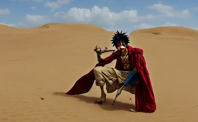 Image similar to a luffy in sand dunes, photography by kim jung gi