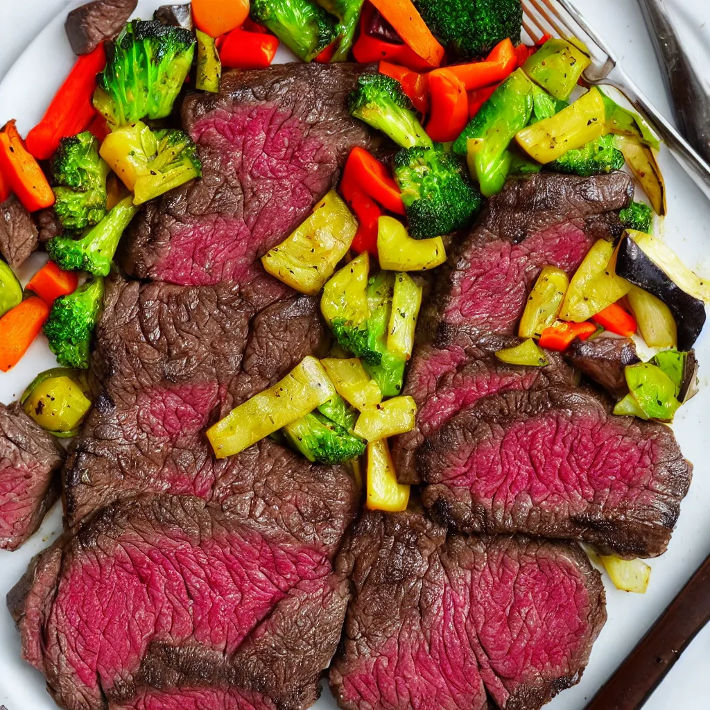 Prompt: a plate of perfectly cooked wagyu steak and vegetables