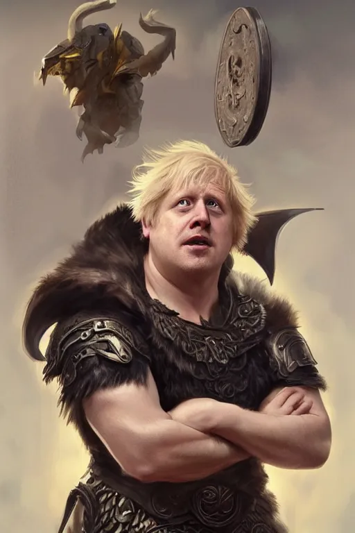 Prompt: Boris Johnson as Odin, Boris Johnson hairstyle, full body realistic portrait, highly detailed, muscular body, digital painting, artstation, concept art, smooth, sharp focus, illustration, cinematic lighting, art by artgerm and greg rutkowski and alphonse mucha