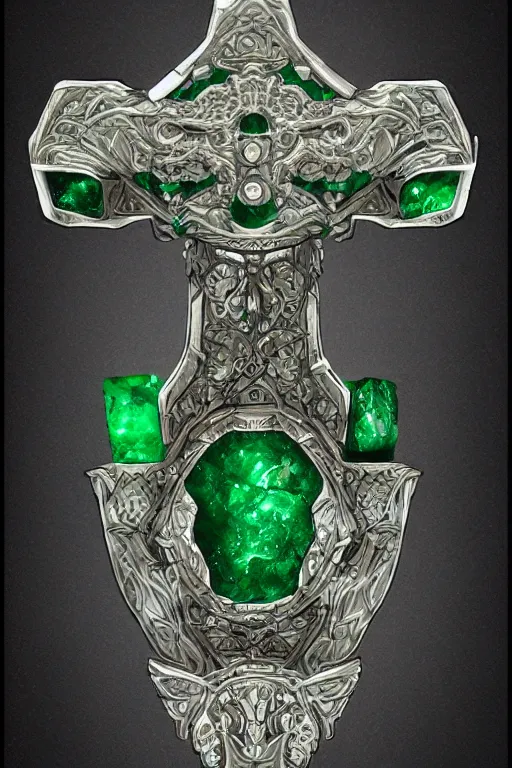 Image similar to an ancient white bone and emerald gemstone relic, intricate engraving, concept art style